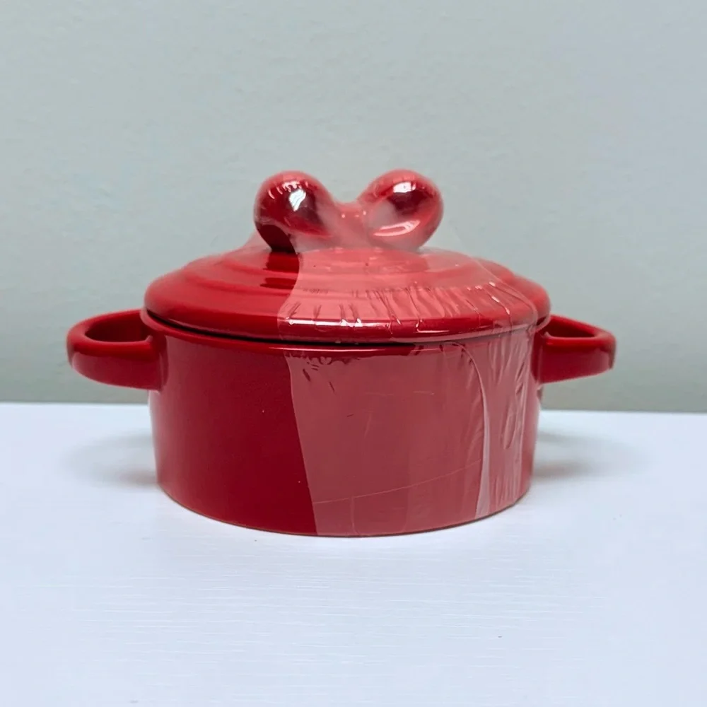 New! Mini Red Ceramic Cocotte by Makery with Bow on Lid